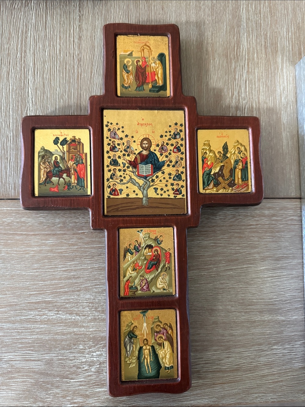 Greek Religious Wooden Cross Wall Art in Brown and Gold - Brand